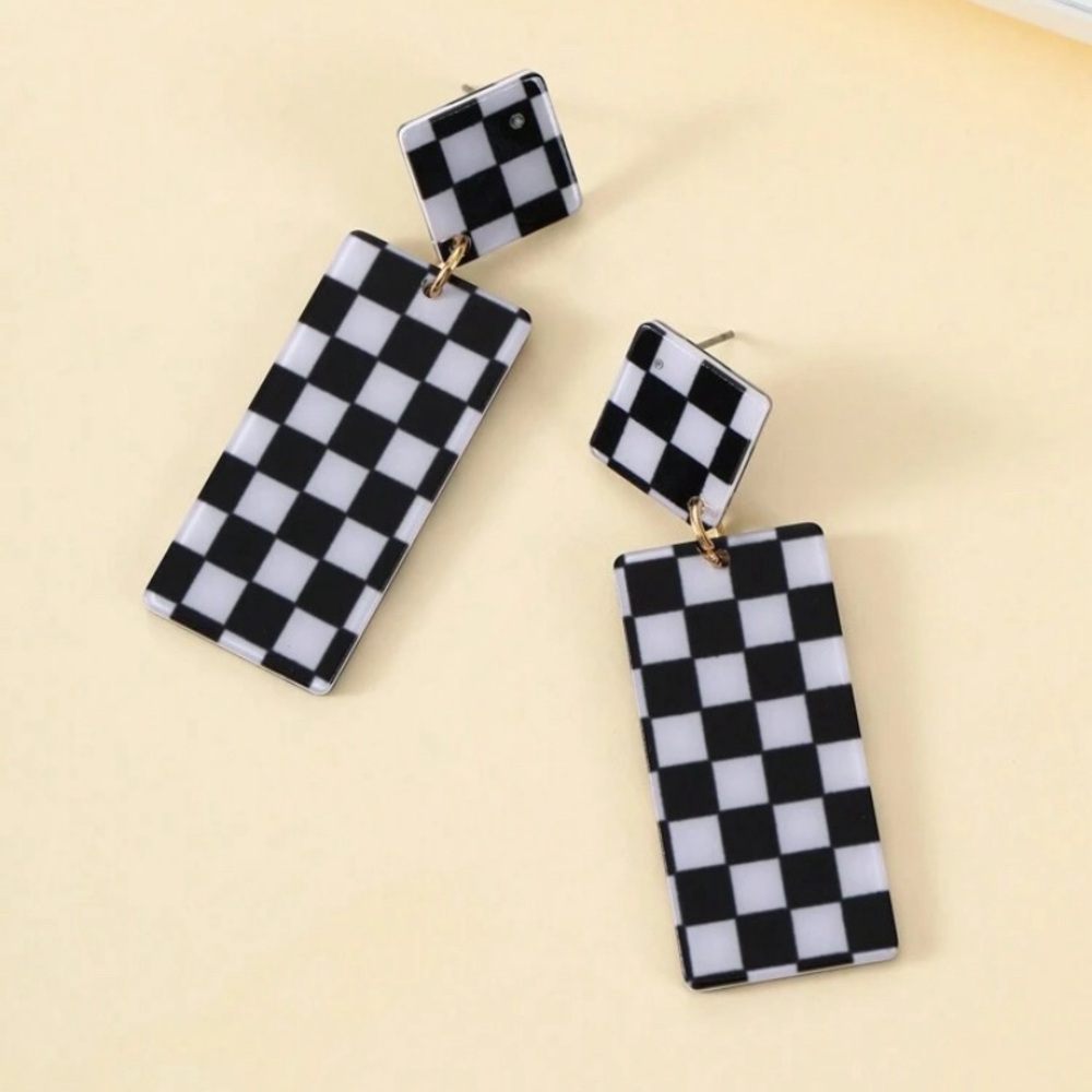 Acrylic Black And White Checkered Geometric Earrings